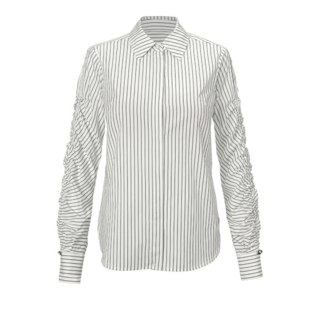 Cabi Linear Striped White Blouse with Ruched Sleeves